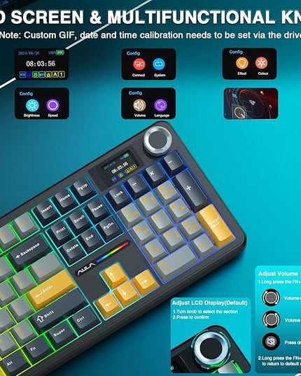 AULA F108 PRO - Wireless Mechanical Keyboard with Screen&Knob,Hot Swappable Gaming Keyboard with 8000mAh Battery,Pre-lubed Switches,RGB Backlit,PBT Keycaps Creamy Sounding Computer Keyboards,104 Keys