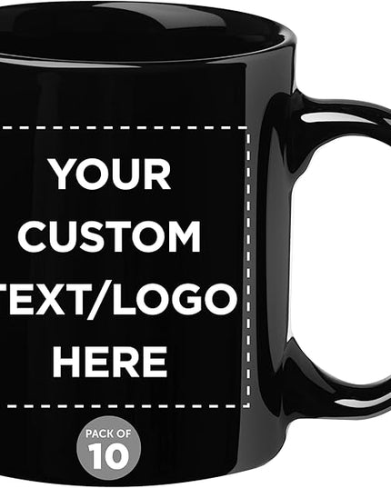 Custom Ceramic Coffee Mugs 11 oz. Set of 10, Personalized Bulk Pack - Coffee cup set, Iced coffee cup, Gaming mug - Black