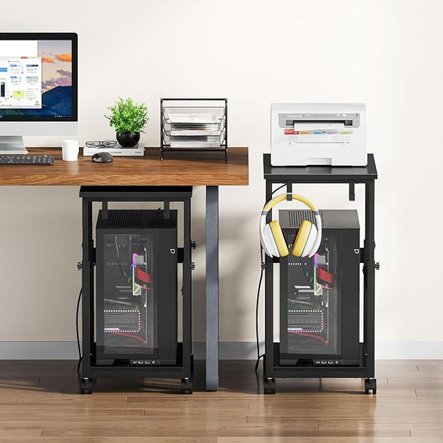 Snughome Extra-Large Computer Tower Stand with Charging Station, Adjustable PC Tower Stand for Floor 25.2"-36.22", PC Stand with Locking Wheels Mobile Rolling CPU Holder Cart for Gaming Office Home