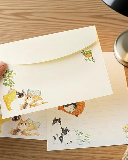 37 Pcs Stationery Paper Envelopes Set Includes 24 Lined Writing Paper & 12 Envelopes with 48 Colorful Round Dot Stickers, Cute Vintage Cat Letter Writing and Stationery Paper Envelopes(4Style)