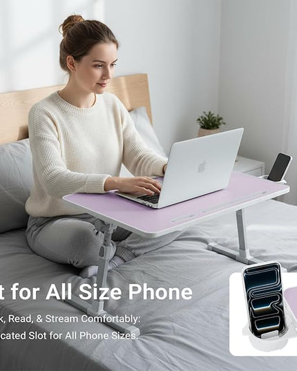 iXTRA Laptop Lap Desk with Cooling Fan - Adjustable Bed Desk with Light, Bed Table with Cup Holder&Phone Holder - Storage Drawer Desk - Folding Bed Desk,Purple,70x45cm