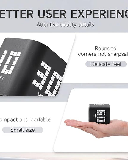 Exlliy Rotating Productivity Timer 5, 10, 30, 60 Minutes Preset, Desk Cube w/Gravity Sensor for ADHD, Mute Functions, Ideal for Work, Study, Kitchen, Back to School (Black)
