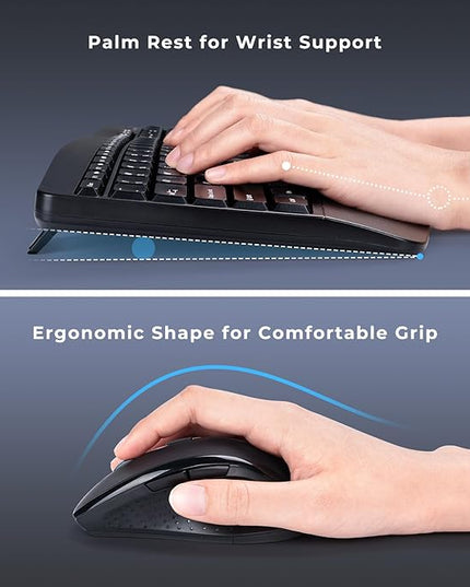 Ergonomic Keyboard and Mouse Combo, Full Size Cordless Computer Keyboard with Palm Wrist Rest Ergonomic Mouse for Windows Computers Laptops - Black