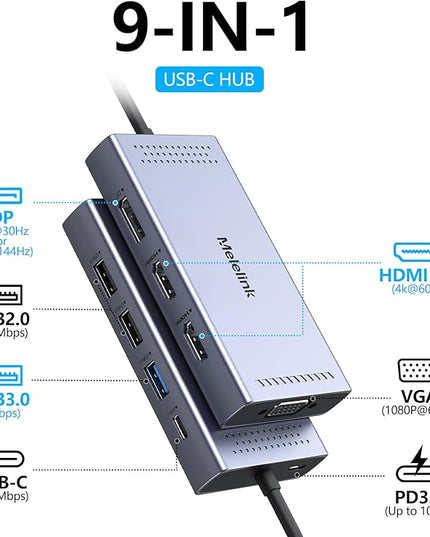 USB C Docking Station Dual HDMI Monitor Adapter, Melelink USB C Hub 3 Monitors with 2X HDMI 4K, 8K Displayport, VGA, 100W PD, USB C&A Ports, 9 in 1 Laptop Docking Station for Dell, HP, Lenovo, etc