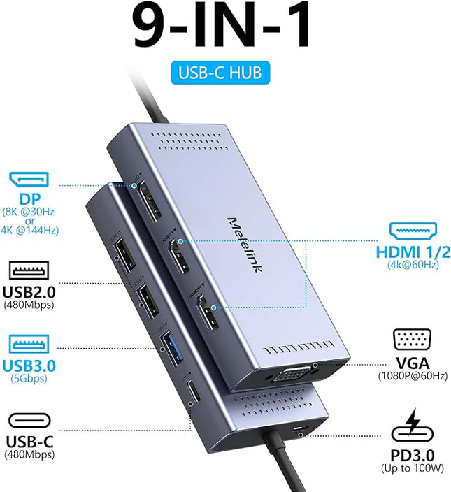 USB C Docking Station Dual HDMI Monitor Adapter, Melelink USB C Hub 3 Monitors with 2X HDMI 4K, 8K Displayport, VGA, 100W PD, USB C&A Ports, 9 in 1 Laptop Docking Station for Dell, HP, Lenovo, etc