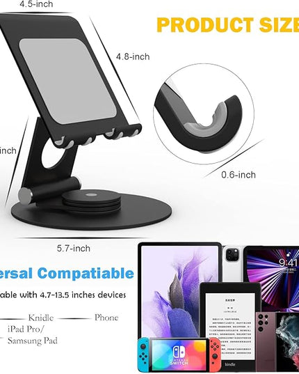 KABCON Swivel Tablet Stand, Aluminum Portable 360°Rotating Holder for Desk,Business,Kitchen,Desktop,Table Stand for iPad Pro 9.7,10.5,12.9/Air Mini,Tab,Fire,Nexus,E-Reader-Black