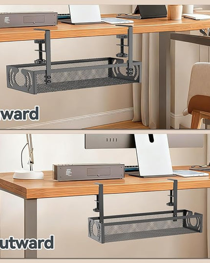Cable Management, 15'' Under Desk Cable Management Tray No Drill, Metal Cable Organizer with Clamp for Wire Management, Cord Organizer for Home Office, Desk Accessories Organizer, Black