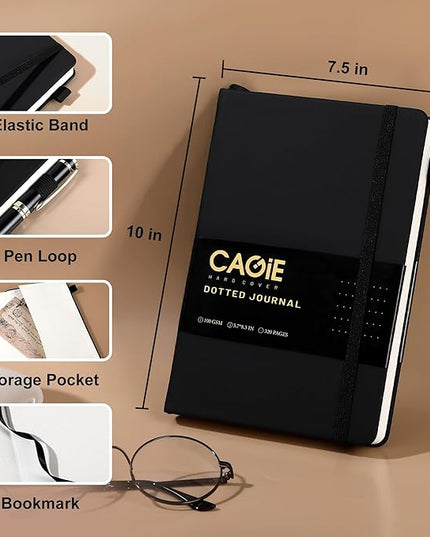 CAGIE Bullet Dotted Journal Notebook 320 Pages 100 GSM Paper Hardcover A5 Dot Grid Notebook Leather Journals for Writing Women Men Work Journaling, Black