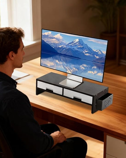 Desk Monitor Stand Riser, Double Drawer Ergonomic Organizer, Computer Desk Riser for Monitors and Accessories, Durable Wood Material, Family Friends Home Offices Indoor Study Bedroom Room Workstation