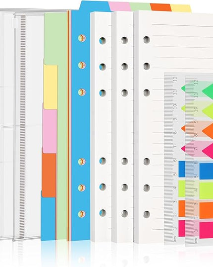 Antner A6 Refill Paper Planner Inserts for A6 6 Ring Notebook Binder, 135 Sheets Lined Filler Paper, 3 Binder Pockets & 10 Dividers & 160PCS Neon Sticky Tabs for Refillable Personal Planners Journals