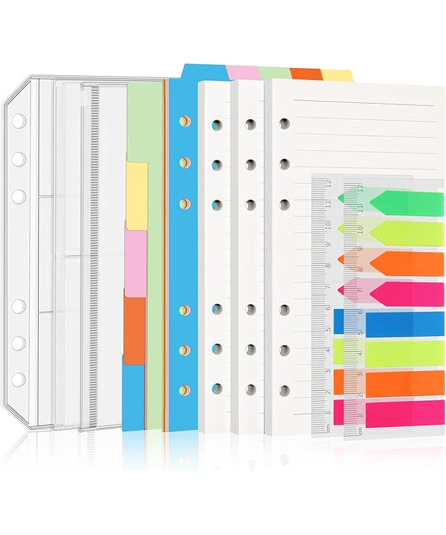 Antner A6 Refill Paper Planner Inserts for A6 6 Ring Notebook Binder, 135 Sheets Lined Filler Paper, 3 Binder Pockets & 10 Dividers & 160PCS Neon Sticky Tabs for Refillable Personal Planners Journals
