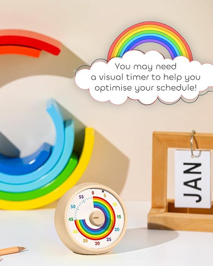 Visual Timer for Kids, 60-Minute Countdown Timer for Classroom Office Kitchen, Desk Timer Kids Time Management Tools with Silent Operation, Pomodoro Time Rainbow Pattern(Khaki)
