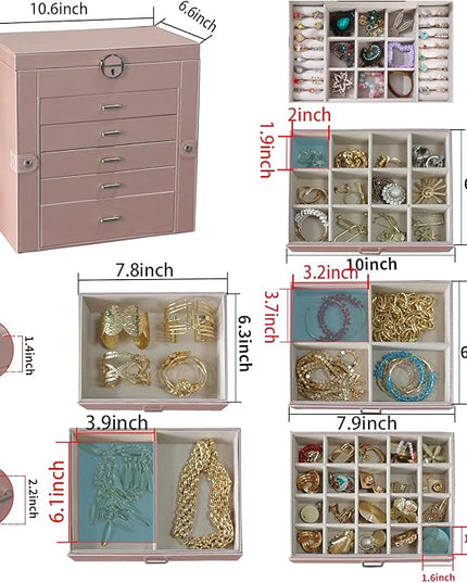 BOOVO Jewelry Box For women, 6 Layer Large Jewelry Organizer With Mirror, Multi-Function Storage Box With Lock, Accessory Holder With 5 Drawers, For Earrings Necklace Ring Bracelet (Rose Gold)