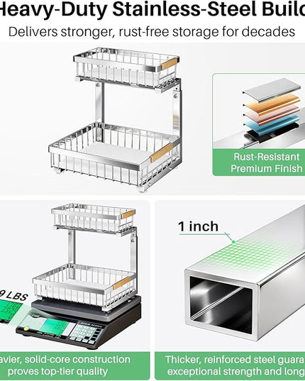 Under Sink Organizer, Stainless Steel 1-Pack 2 Tier Under Sink Organizers and Storage, Slide out Pull out Cabinet Shelf, Sliding Drawer for Kitchen Bathroom Pantry Cabinet Closet Organization Rack