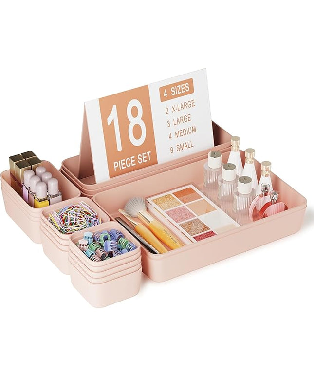 Plastic Drawer Organizers, 18 PCS Bathroom Drawer Organizer Bins, Desk and Vanity Organizer Plastic Tray, Makeup organizer and storage for Bedroom, Kitchen Gadgets Utensils and Office (Pink)