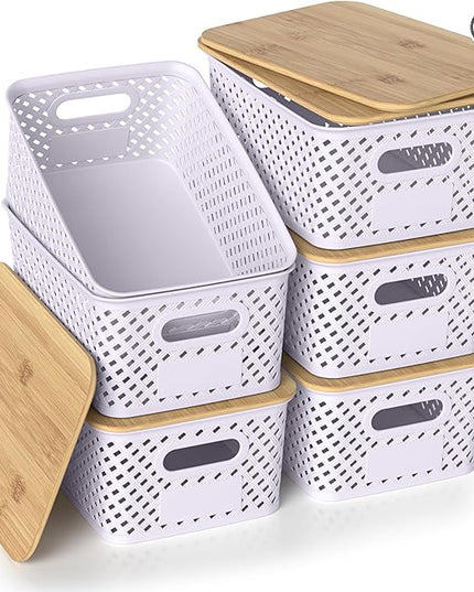 Plastic Storage Bins with Bamboo Lids, Stackable Small Box Baskets for Organizing and Containers for Shelves Drawers Desktop Closet Pantry Classroom Office Home, 6 Pack 10.2"x7.2"x4.1" Lavender