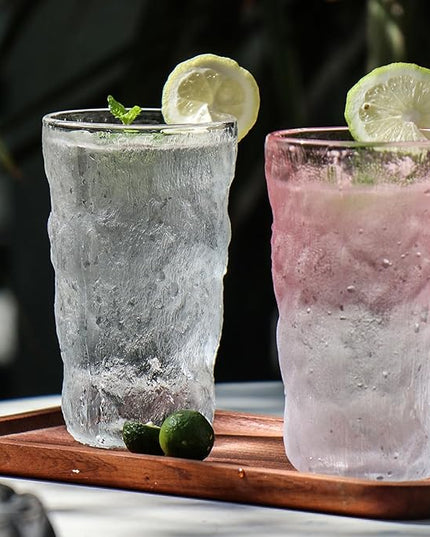 TOSSOW Drinking Glasses Set of 2,Mixed Drink Glassware Sets Glacier Pattern Colorful Glass Water Cups for Wine, Beer, Juice, milk, coffee,Mojito and Cocktail(12 oz) （transparent)