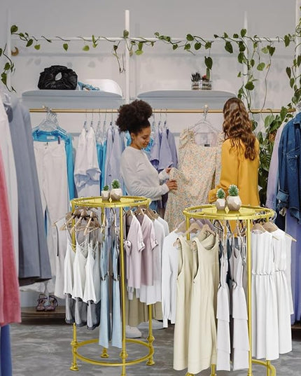 Freestanding Round Garment Display Retail Rack, Floor-Standing Double Space Multi-Purpose Metal Shelf for Clothes Storage, Commercial Clothing Organizer in Retail Boutiques and Bedroom