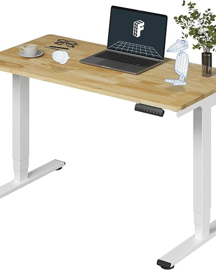 FlexiSpot E6 Solid Wood 3-Stage Dual Motor 48 x 24 Electric Standing Desk, Holds 220 lbs, Adjustable Height w/ Memory Presets, Butcher Block Rubberwood Desktop & White Frame, Ships in 2 Boxes