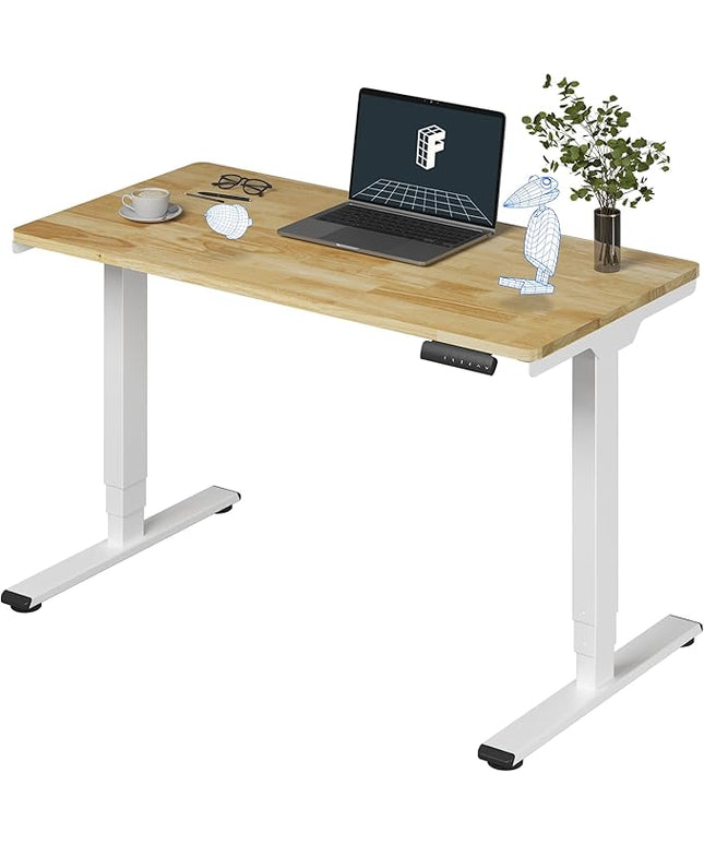 FlexiSpot E6 Solid Wood 3-Stage Dual Motor 48 x 24 Electric Standing Desk, Holds 220 lbs, Adjustable Height w/ Memory Presets, Butcher Block Rubberwood Desktop & White Frame, Ships in 2 Boxes