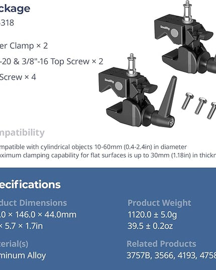 SmallRig Super Clamp Kit 2-Pack, Heavy Duty Max Load 33lb /15kg, with a 1/4"-20 & a 3/8"-16 Top Screw on a 5/8" Stud, for Photography Studio Video Camera Lighting, for Round Pipe and Flat Surface 5318