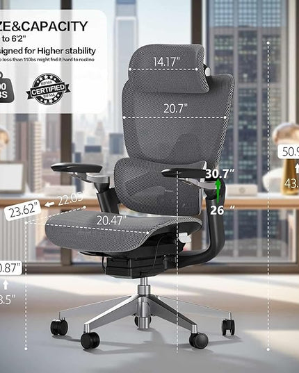 Ergonomic Office Chair with Adjustable 3D Lumbar Support, Big and Tall Mesh Home Desk Chair 5D Armrests, Executive Chair with 4D Headrest, 90-130°Tilt, BIFMA Certified, Model Zen (Grey)
