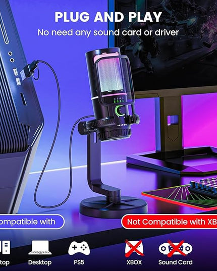 SINWE Gaming Microphone with Noise Cancelation & Gain Control- USB PC Mic for Streaming, Gaming, Podcasts, PC, PS4 -Includes Pop Filter, Shock Mount, Quick Mute & RGB Lighting