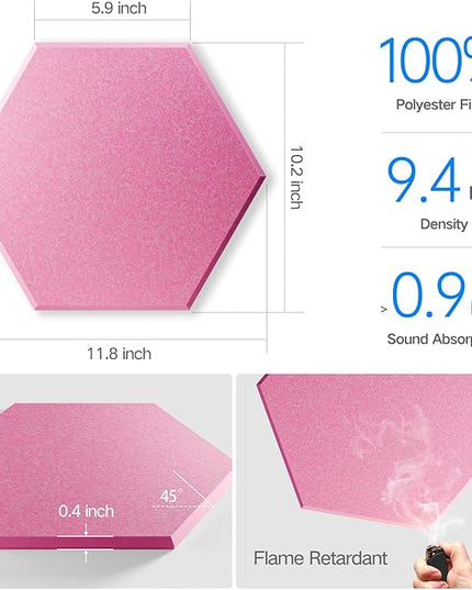 12 Pack Self-Adhesive Acoustic Panels 12" X 10" X 0.4" - Sound Proof Foam Panels with High Density, Stylish Hexagonal Design, Flame Resistant, Absorb Noise and Eliminate Echoes(Pink)