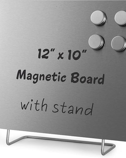 Large Magnetic Bulletin Board – Dry Erase Memo Board with Stand – Metal Easel for Magnet Display – 12x10 Inches + 4 Magnets