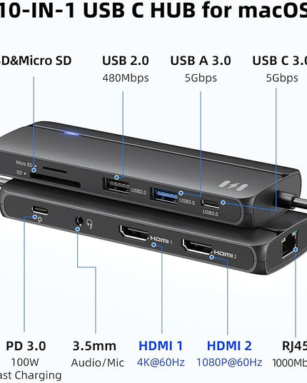 Selore Docking Station for MacBook Pro Air,10 in 1 Dual HDMI Adapter for Mac Pro Air,USB C Hub for MacBook Docking Station Dual Monitor with 2 HDMI,Ethernet,PD,USB C,2 USB A,SD/TF for M1 M2