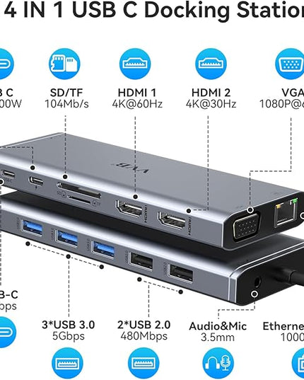 USB C Docking Station Dual Monitor HDMI for Dell HP Lenovo Laptop,14 in 1 Docking Station to 2 HDMI Port 4K+VGA USB Type C Hub Multiport Adapter Dongle Dock,USB C to Ethernet+5 USB+SD/TF+100W PD+Audio