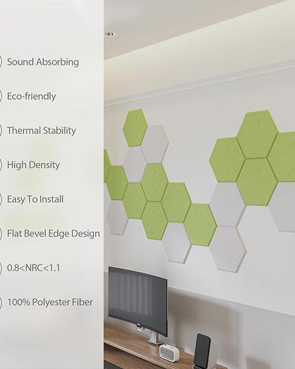 12 Pack Acoustic Panels Self Adhesive Sound Proof Foam, High Density Sound Acoustic Foam Panel, 12 X 10.23 X 0.4 Inch Hexagon Wall Panels in Home,Office,Reccording Room,Studio (Fruit Green)