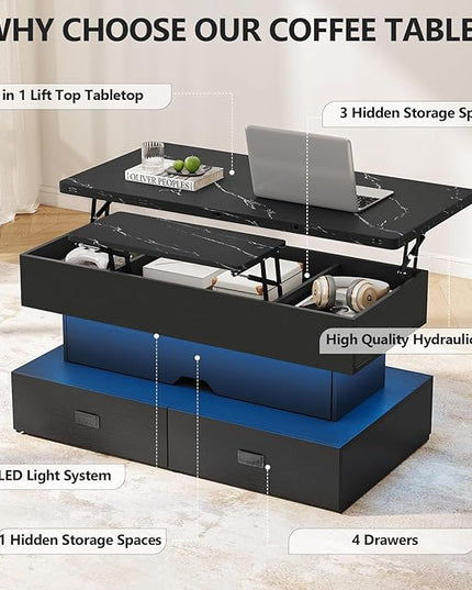 Turosur 40" Lift Top Coffee Table, LED Coffee Tables with Storage and 4 Drawers, Coffee Table with Lifting top for Living Room Home Office, Black