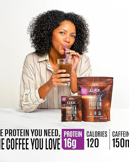 Click Coffee Protein, Protein & Real Coffee All-in-One, Meal Replacement Nutrition Drink, Mocha Flavor, 23 Essential Vitamins, Double Shot Espresso Coffee, Hot or Cold, 15.8-Ounce