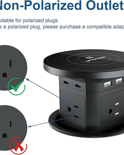 9-in-1 Pop-Up Outlet with Wireless Charging – 4 AC & 4 USB Ports, 2500W Overload Protection, 100-240V Global Voltage, 4-1/8" Cutout – Hidden Countertop Power Hub for Kitchen, Office, etc.（2-Pack）