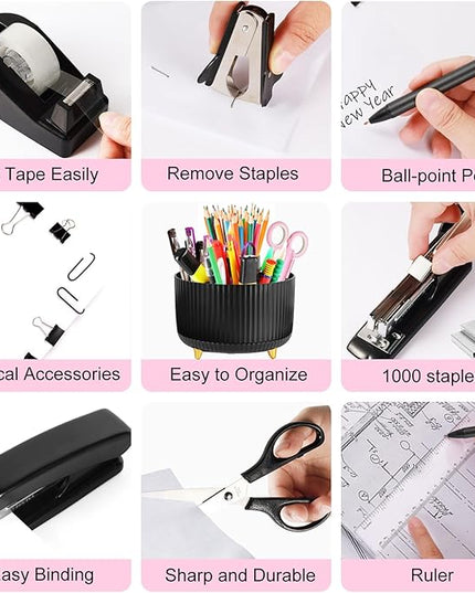 Desk Organizers and Accessories Set with 360-Degree Rotating Pen Holder, Tape Dispenser, Stapler, Staple Remover, 1000 Staples, Tape, Clips Set, Ruler, Scissor, Pen