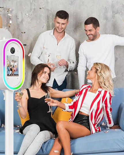 Professional iPad Photo Booth Stand with RGB Ring Light & Umbrella, Compatible with 10.2–13" iPad, Remote Control, Includes Flight Case for Events, Weddings & Rental Use (White, for 10.9)