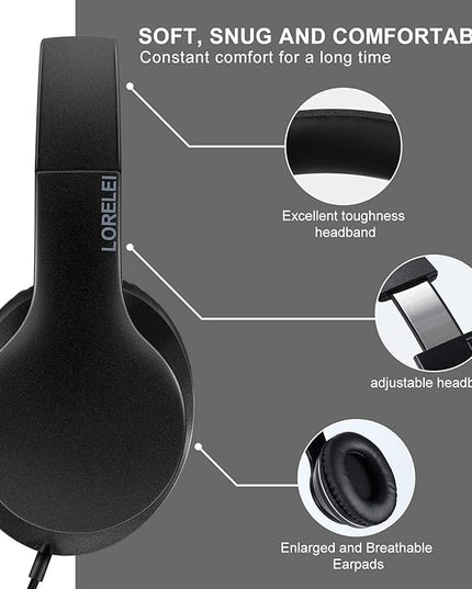 LORELEI X6 Over-Ear Wired Stereo Bass Headphones with Microphone, Lightweight, Foldable & Portable with 1.45M No-Tangle for Smartphone, Tablet, MP3/4, Space Black