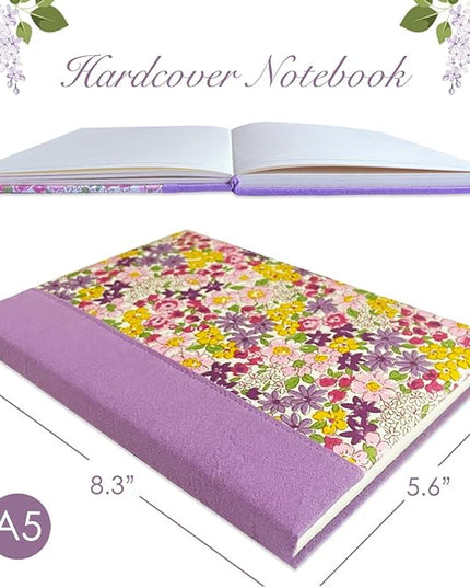 Purple Journal for Women, Floral Notebook, A5, 6x8, Lined Page, Hardcover Notebook, Lay Flat, Flower Printed Cover, Cotton Fabric, Writing Journal, Reading Notebook, Lilac Gifts