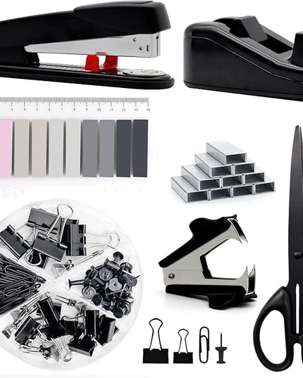 Black Office Supplies,UPIHO Black Desk Accessories,Stapler and Tape Dispenser Set for with Large Stapler,Tape Dispenser, Staple Remover, Staples, Clips,Scissor and Tabs,Gifts for Office Clerks