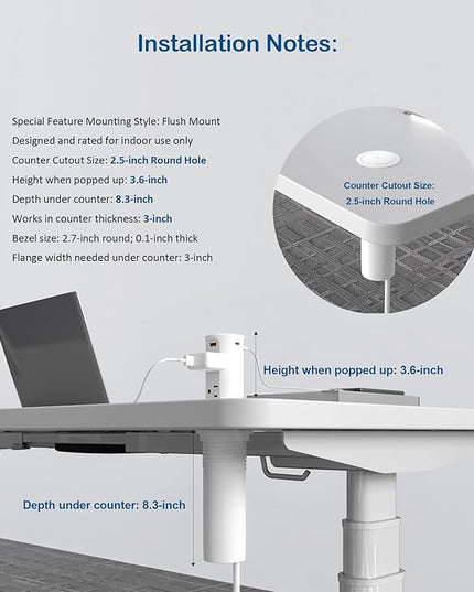 Pop up Outlet for Countertop,65W USB C Fast Charging Port,2.5-inch Hole Desktop Power Grommet,Recessed Power Strip,4 Outlets 4 USB Ports,15Amp Tamper Resistant Receptacle,ETL Listed (White)