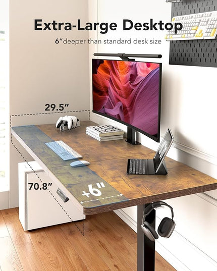HUANUO 71 x 30 inch Electric Standing Desk, Powerful Brushless Motor Large Height Adjustable Table, 4 Memory Preset Sit Stand Up Desk, Home Office Computer Table with Thick T-Shaped Frame, Vintage