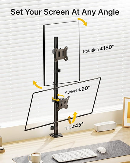 monTEK Stable Vertical Dual Monitor Mount, Stacked Desk Stand for Two 17-32 inch Screens, Full Motion Arm with Tilt, Swivel, Rotation, Supports 22 lbs per Arm, C-Clamp/Grommet Base, VESA 100×100mm Max