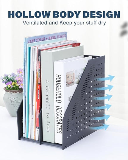Collapsible Magazine File Holder with 2 Vertical Compartments Foldable Binder Holder for Desk Binder Storage Organizer Plastic Magazine Holders for Shelf, Dark Gray