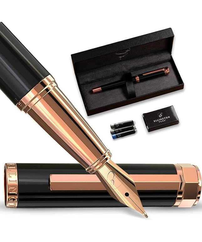 Ellington Pens Luxury Fountain Pen Set - Smooth Fine Nib- Includes 3 Ink Cartridges, Refillable Ink Converter, Gift Box- Fountain Pens For Writing, Calligraphy, Journaling, Sketching (Midnight Rose)