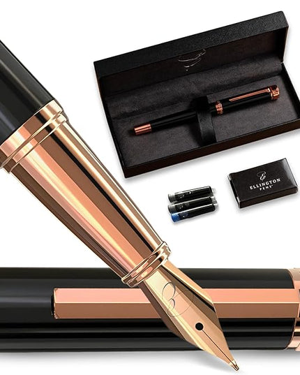 Ellington Pens Luxury Fountain Pen Set - Smooth Medium Nib- Includes 3 Ink Cartridges, Refillable Ink Converter, Gift Box- Fountain Pens For Writing, Calligraphy, Journaling, Sketching (Midnight Rose)