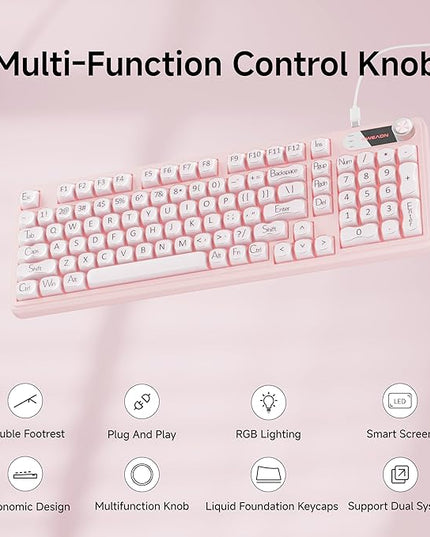 V102 Wired Keyboard, 98 Keys Creamy Gaming Keyboard with Number Pad, Display Screen & Media Knob RGB Silent Wired Cute Computer Keyboard for Laptop PC Gamer - Pink