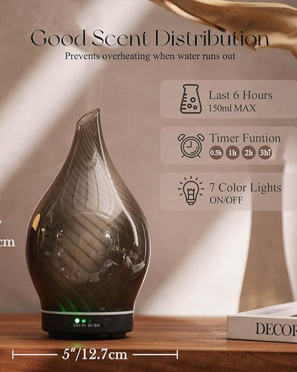 Porseme 150ml Essential Oil Diffuser Glass Color Changing Aroma Air Diffusers Aromatherapy Ultrasonic Cool Mist Humidifier 6 Running Hours Waterless Auto-Off for Sleeping Yoga Office Spa (Pure Grey)