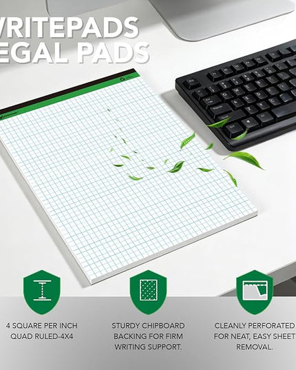 KAISA Graph Paper Legal Pads Writing Pads Recycled Paper 8.5"x11.75" Quad Ruled 4x4 Perforated 50sheets/pad Grid Paper Notepads Writing Tablet White For Office Supplies (White 6pad, 8.5x11.75'')