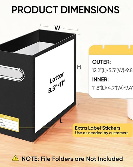 BALEINE File Organizer Box, Cardboard File Folder Organizer with Handle for Letter Size, Portable Collapsible Hanging Filing Box for Home Office Document Storage (4 Pack, Black)
